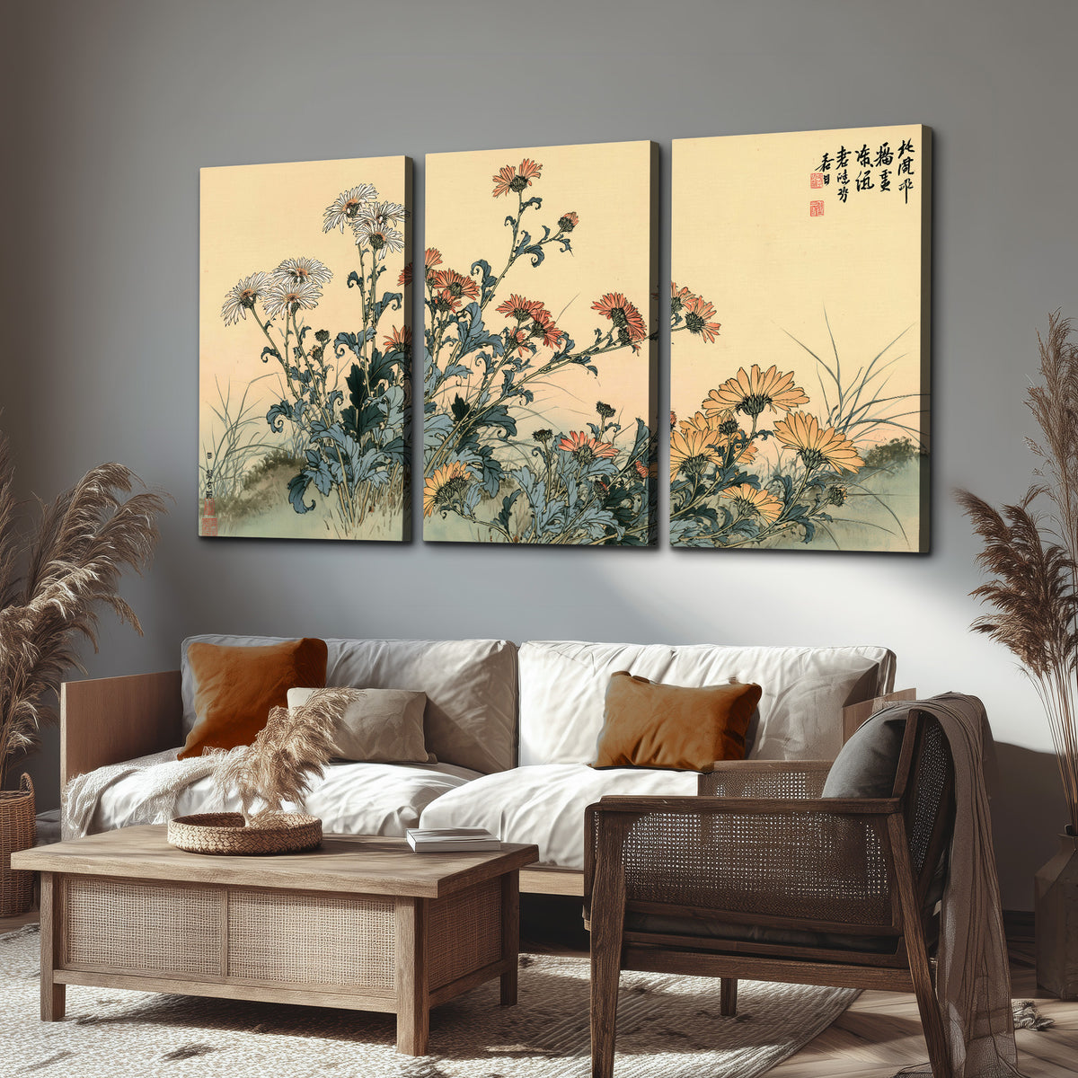 Flowering plants and a butterfly arranged on a warm cream ground with decorative script 3 piece canvas wall art displayed in a rustic living room