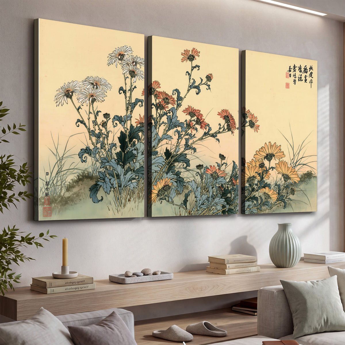 Flowering plants and a butterfly arranged on a warm cream ground with decorative script 3 piece canvas wall art displayed in a console