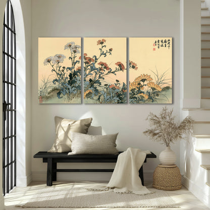Flowering plants and a butterfly arranged on a warm cream ground with decorative script 3 piece canvas wall art displayed in a entryway