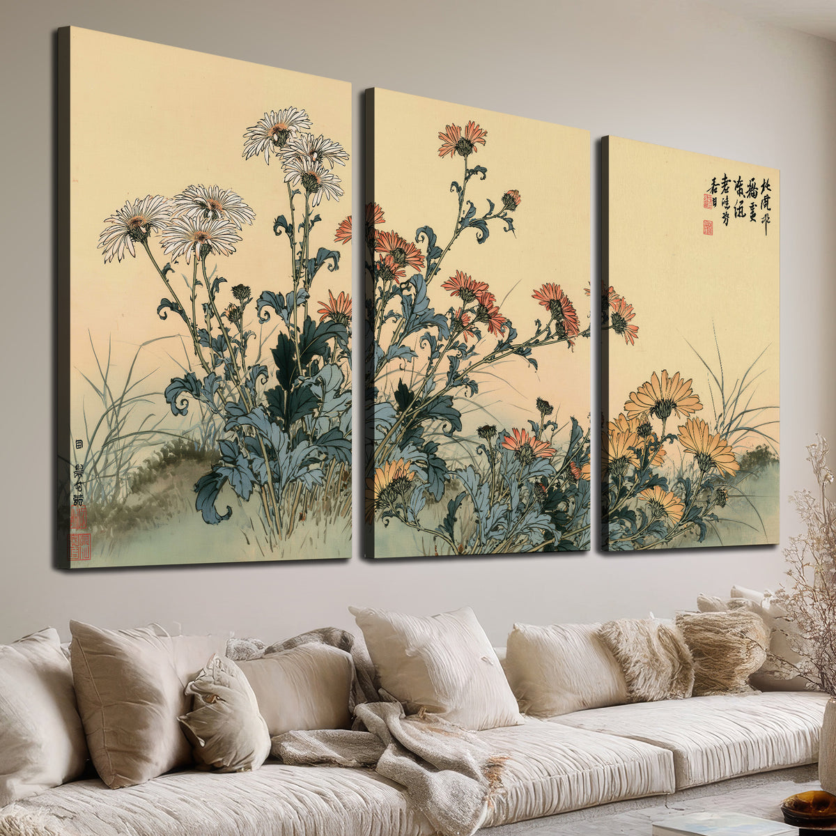 Flowering plants and a butterfly arranged on a warm cream ground with decorative script 3 piece canvas wall art room and product view