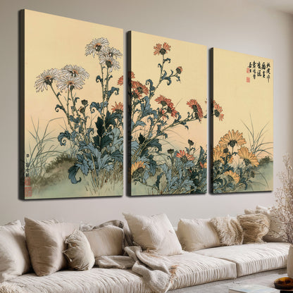 Flowering plants and a butterfly arranged on a warm cream ground with decorative script 3 piece canvas wall art room and product view