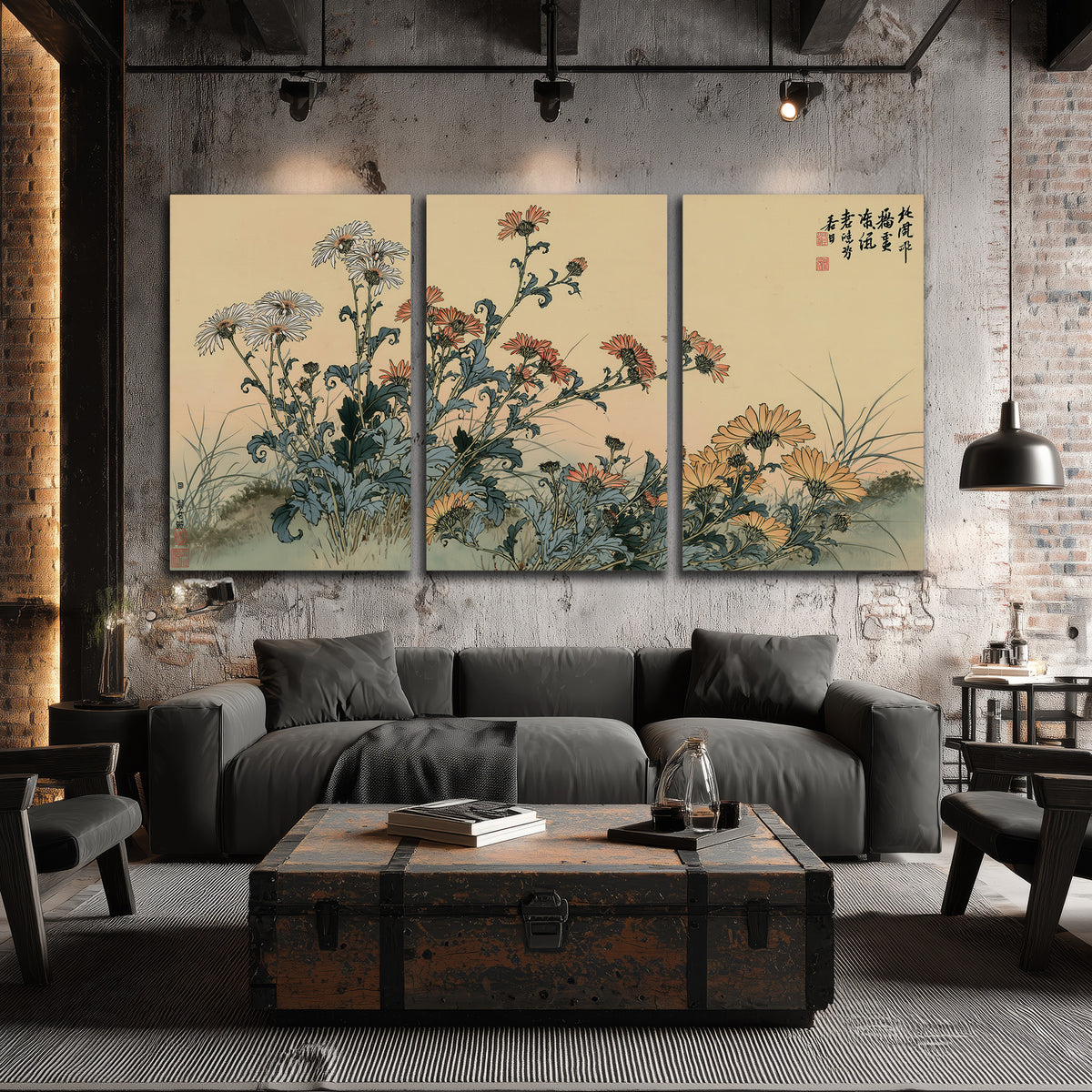 Flowering plants and a butterfly arranged on a warm cream ground with decorative script 3 piece canvas wall art displayed in a industrial room
