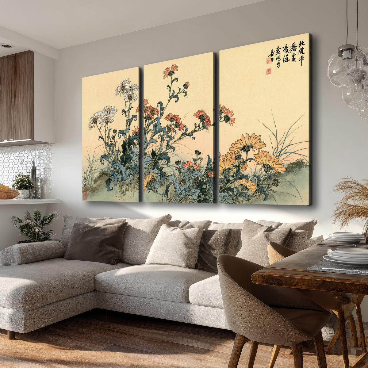 Flowering plants and a butterfly arranged on a warm cream ground with decorative script 3 piece canvas wall art room and product view