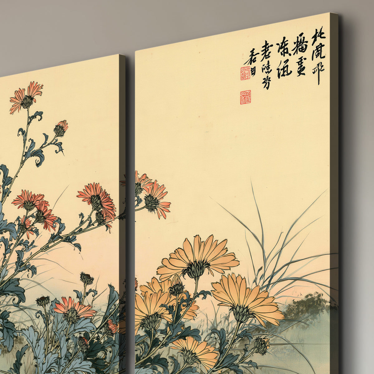 Flowering plants and a butterfly arranged on a warm cream ground with decorative script 3 piece canvas wall art room and product view