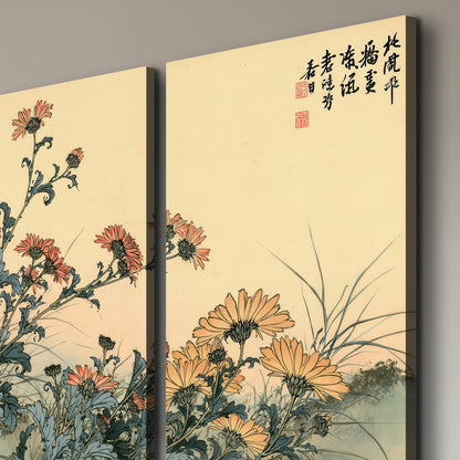 Flowering plants and a butterfly arranged on a warm cream ground with decorative script 3 piece canvas wall art room and product view