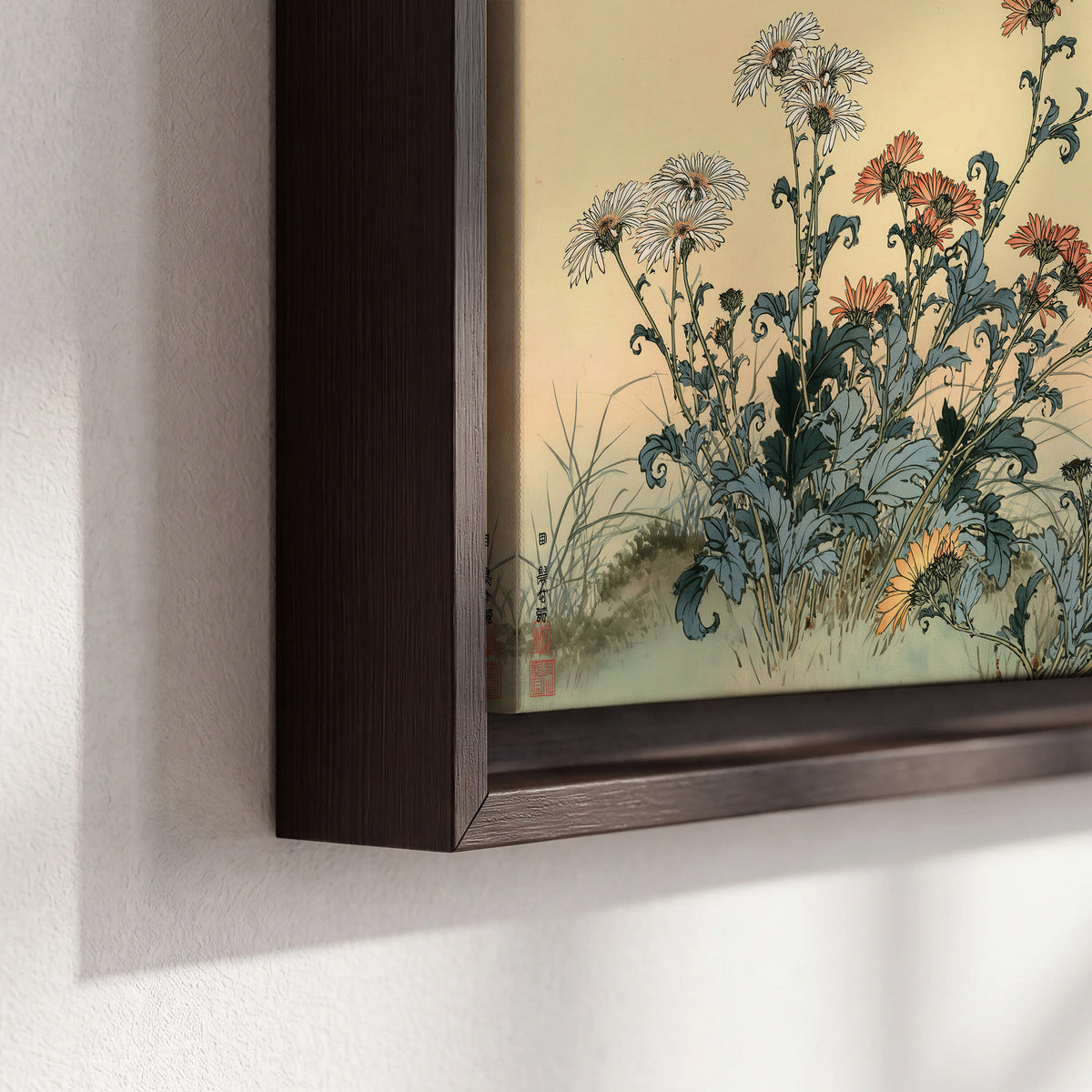 Flowering plants and a butterfly arranged on a warm cream ground with decorative script 3 piece framed canvas wall art material and edge close up