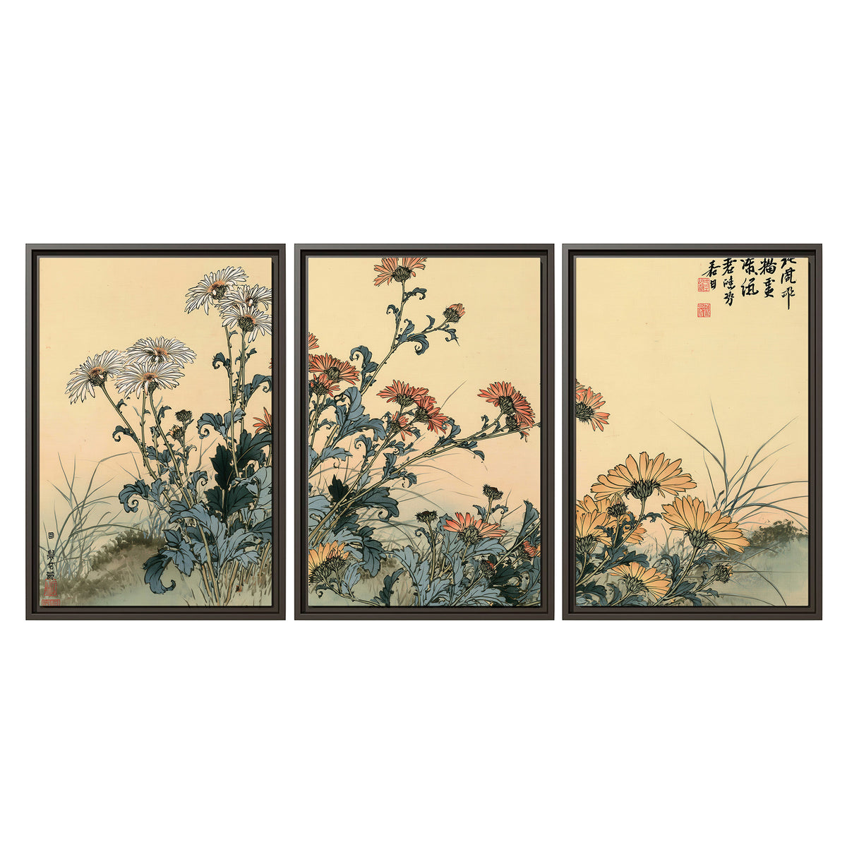 Flowering plants and a butterfly arranged on a warm cream ground with decorative script 3 piece framed canvas wall art viewed straight on