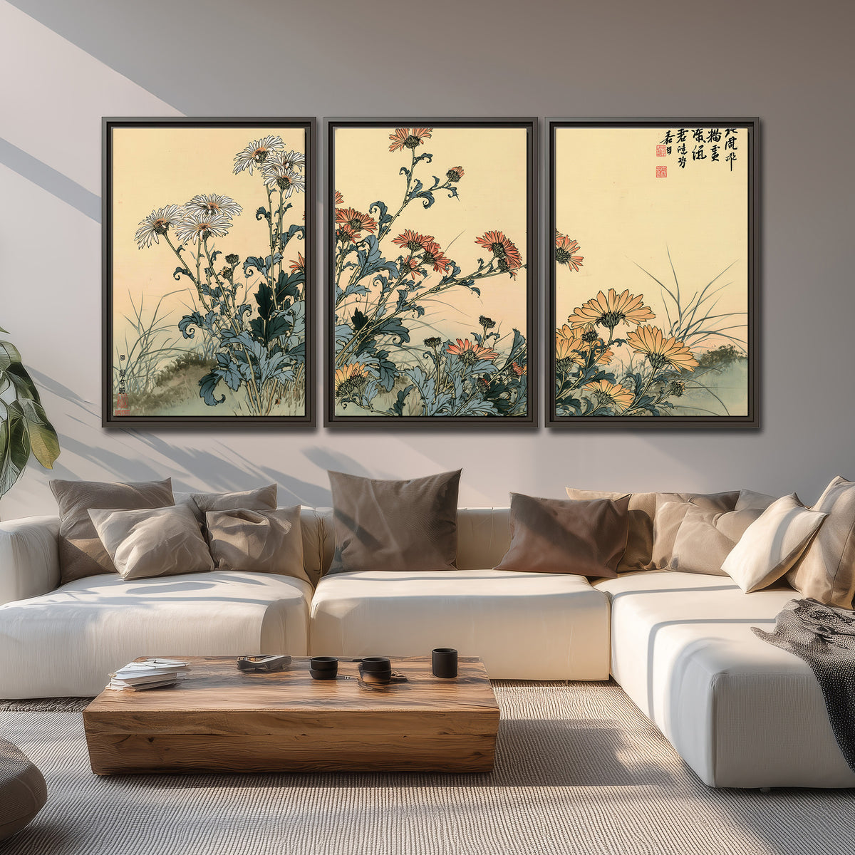 Flowering plants and a butterfly arranged on a warm cream ground with decorative script 3 piece framed canvas wall art displayed in a living room
