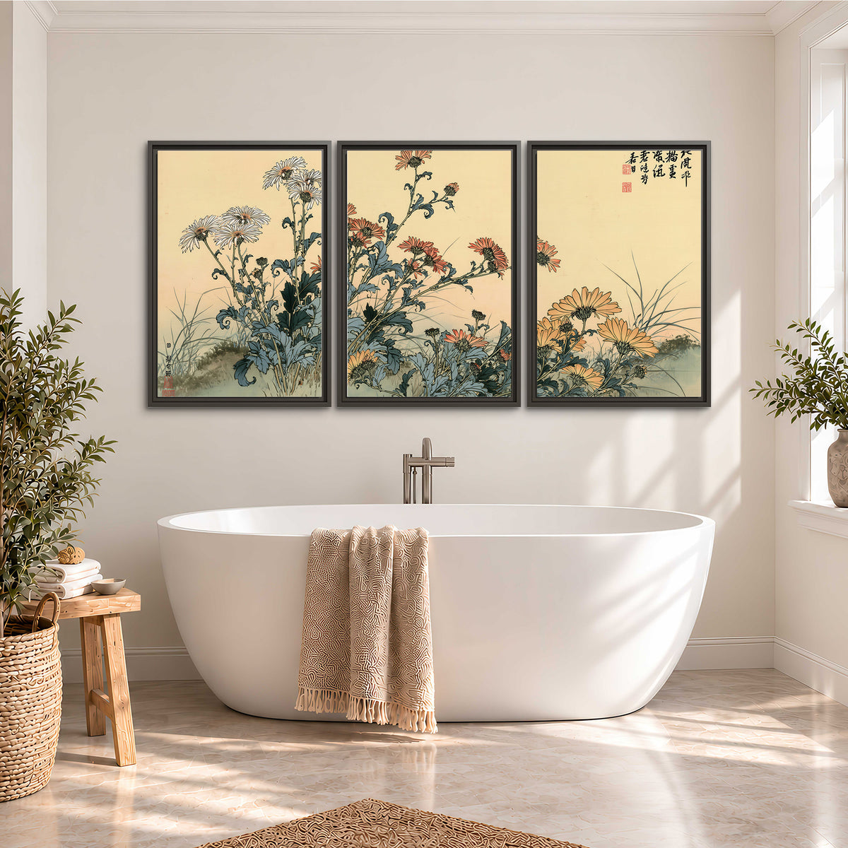 Flowering plants and a butterfly arranged on a warm cream ground with decorative script 3 piece framed canvas wall art styled in an interior