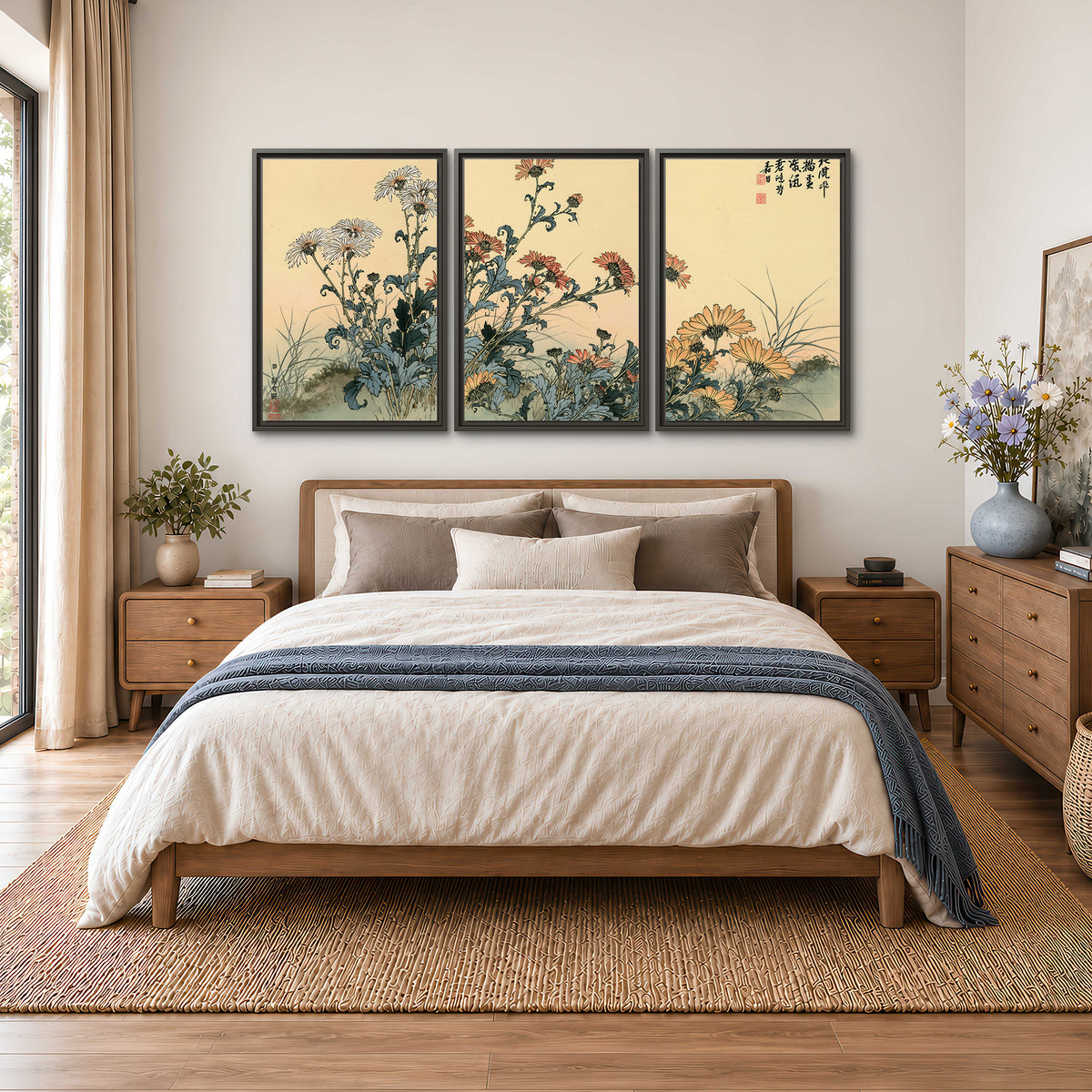 Flowering plants and a butterfly arranged on a warm cream ground with decorative script 3 piece framed canvas wall art styled in an interior
