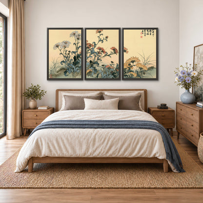 Flowering plants and a butterfly arranged on a warm cream ground with decorative script 3 piece framed canvas wall art styled in an interior