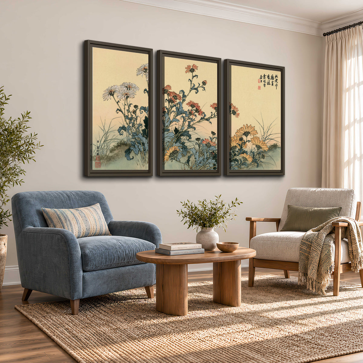 Flowering plants and a butterfly arranged on a warm cream ground with decorative script 3 piece framed canvas wall art styled in an interior