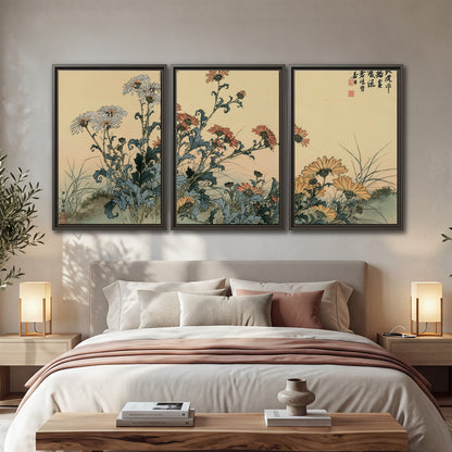 Flowering plants and a butterfly arranged on a warm cream ground with decorative script 3 piece framed canvas wall art displayed in a bedroom