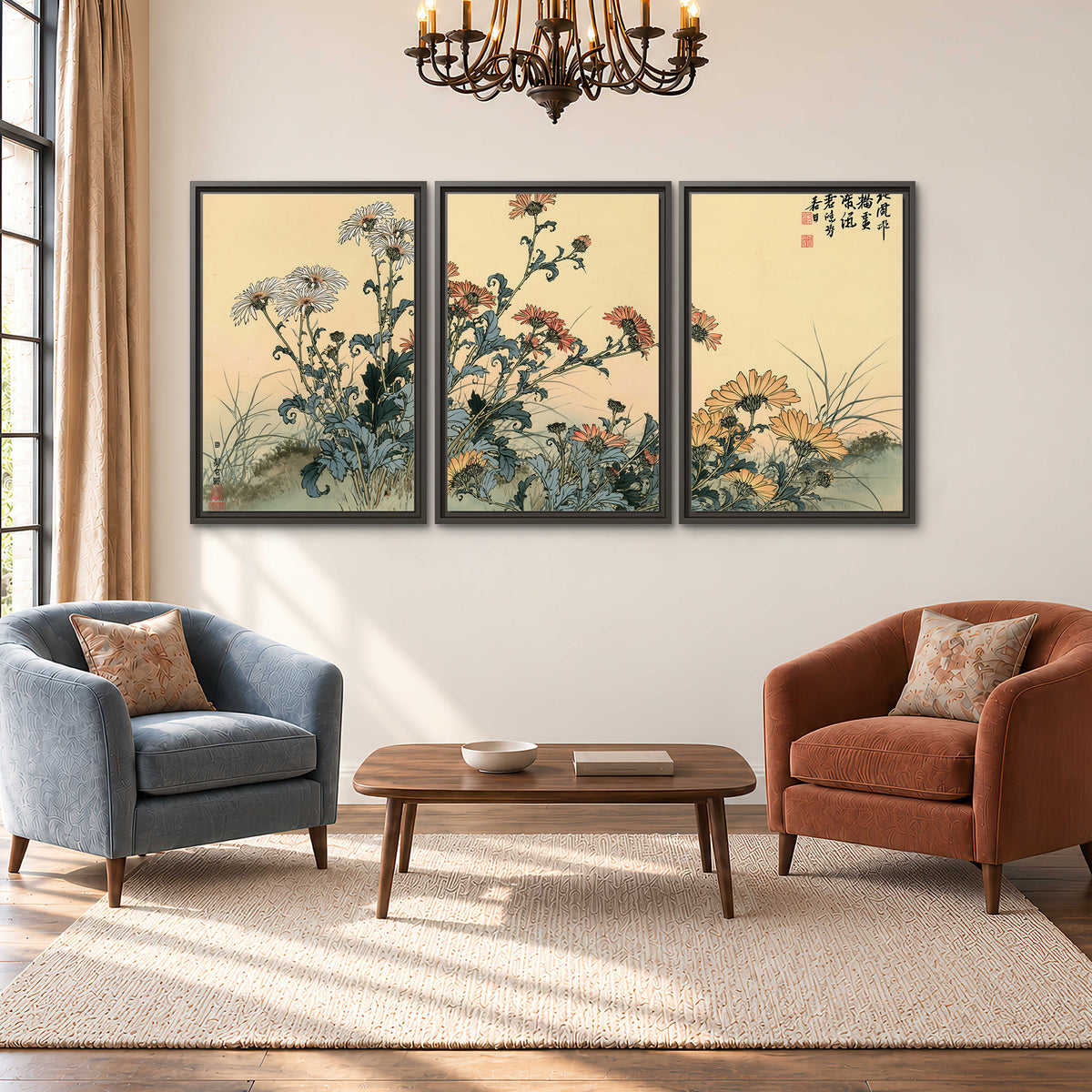 Flowering plants and a butterfly arranged on a warm cream ground with decorative script 3 piece framed canvas wall art styled in an interior