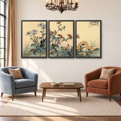 Flowering plants and a butterfly arranged on a warm cream ground with decorative script 3 piece framed canvas wall art styled in an interior