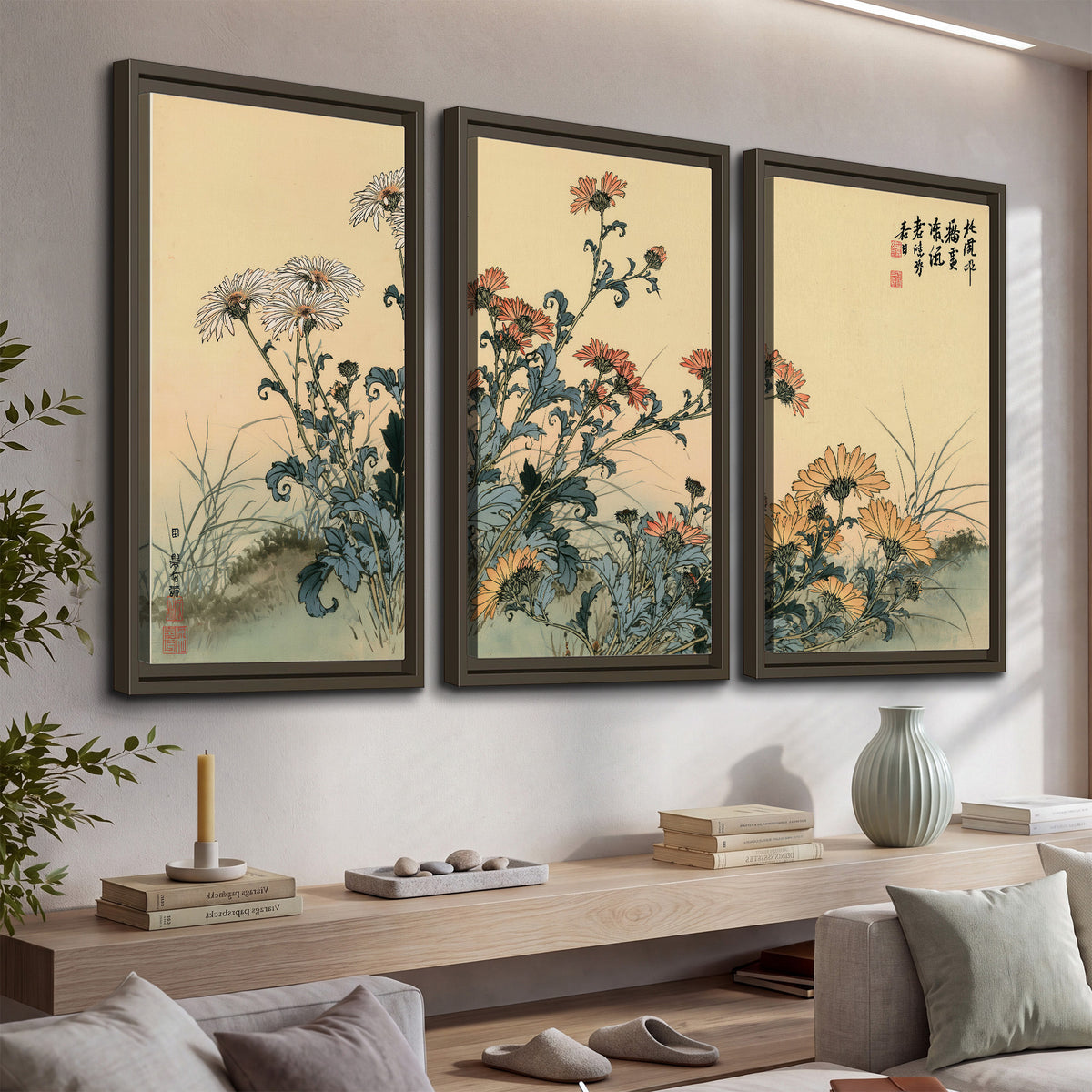 Flowering plants and a butterfly arranged on a warm cream ground with decorative script 3 piece framed canvas wall art displayed in a console