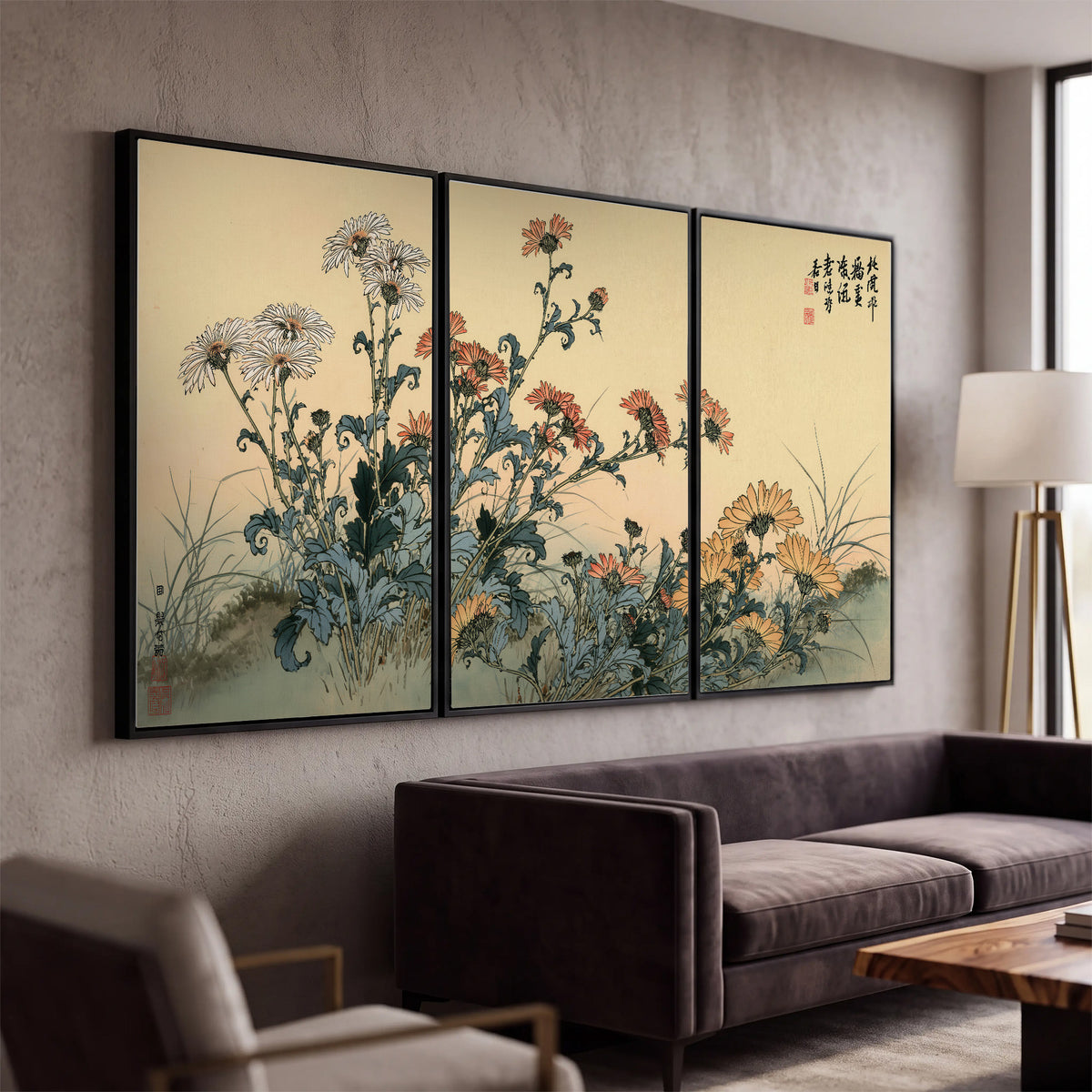 Flowering plants and a butterfly arranged on a warm cream ground with decorative script 3 piece framed canvas wall art displayed in a modern living room