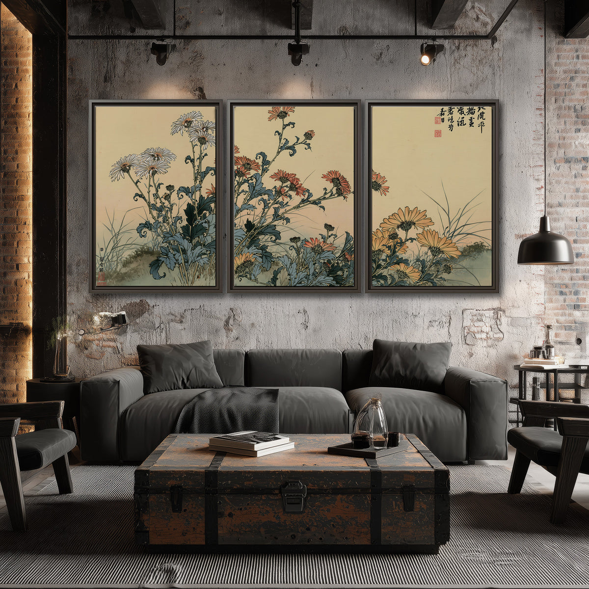 Flowering plants and a butterfly arranged on a warm cream ground with decorative script 3 piece framed canvas wall art displayed in a industrial room