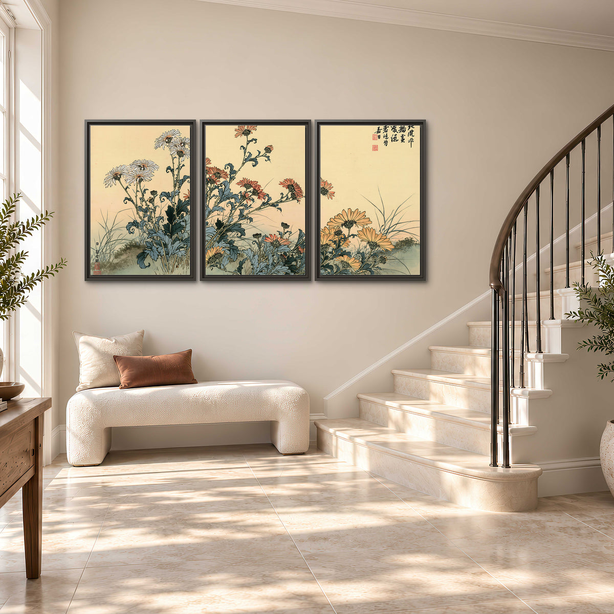 Flowering plants and a butterfly arranged on a warm cream ground with decorative script 3 piece framed canvas wall art styled in an interior