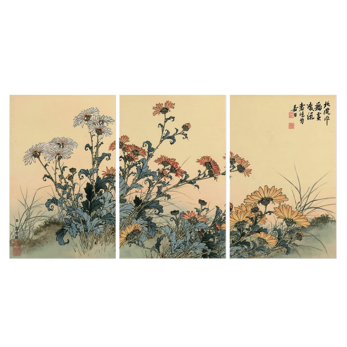 Flowering plants and a butterfly arranged on a warm cream ground with decorative script set of 3 poster prints viewed straight on