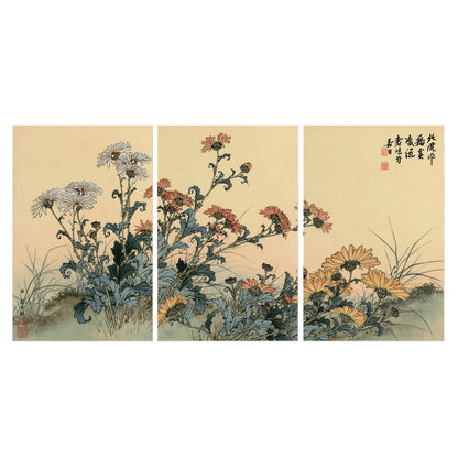 Flowering plants and a butterfly arranged on a warm cream ground with decorative script set of 3 poster prints viewed straight on