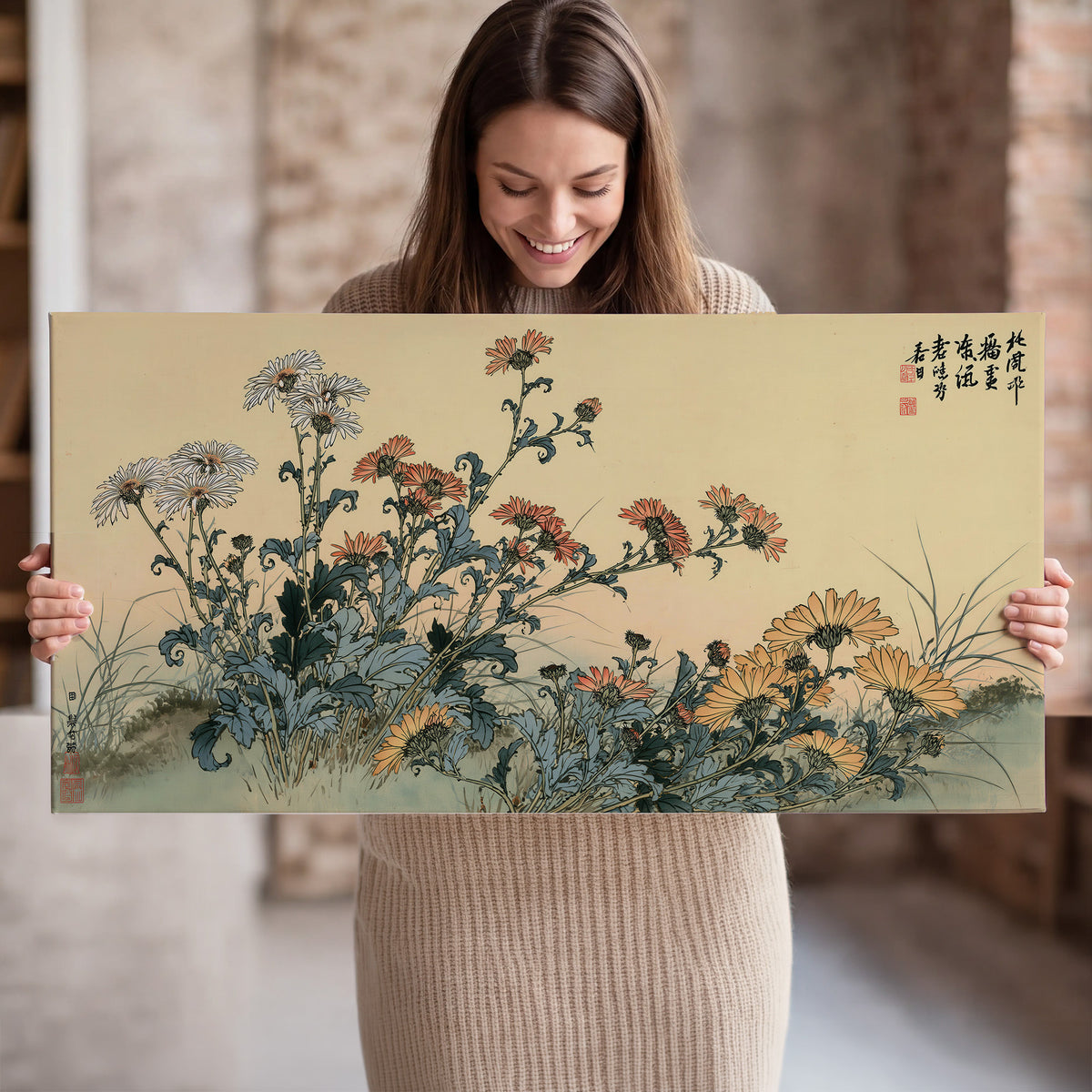 Flowering plants and a butterfly arranged on a warm cream ground with decorative script single canvas wall art held in hands