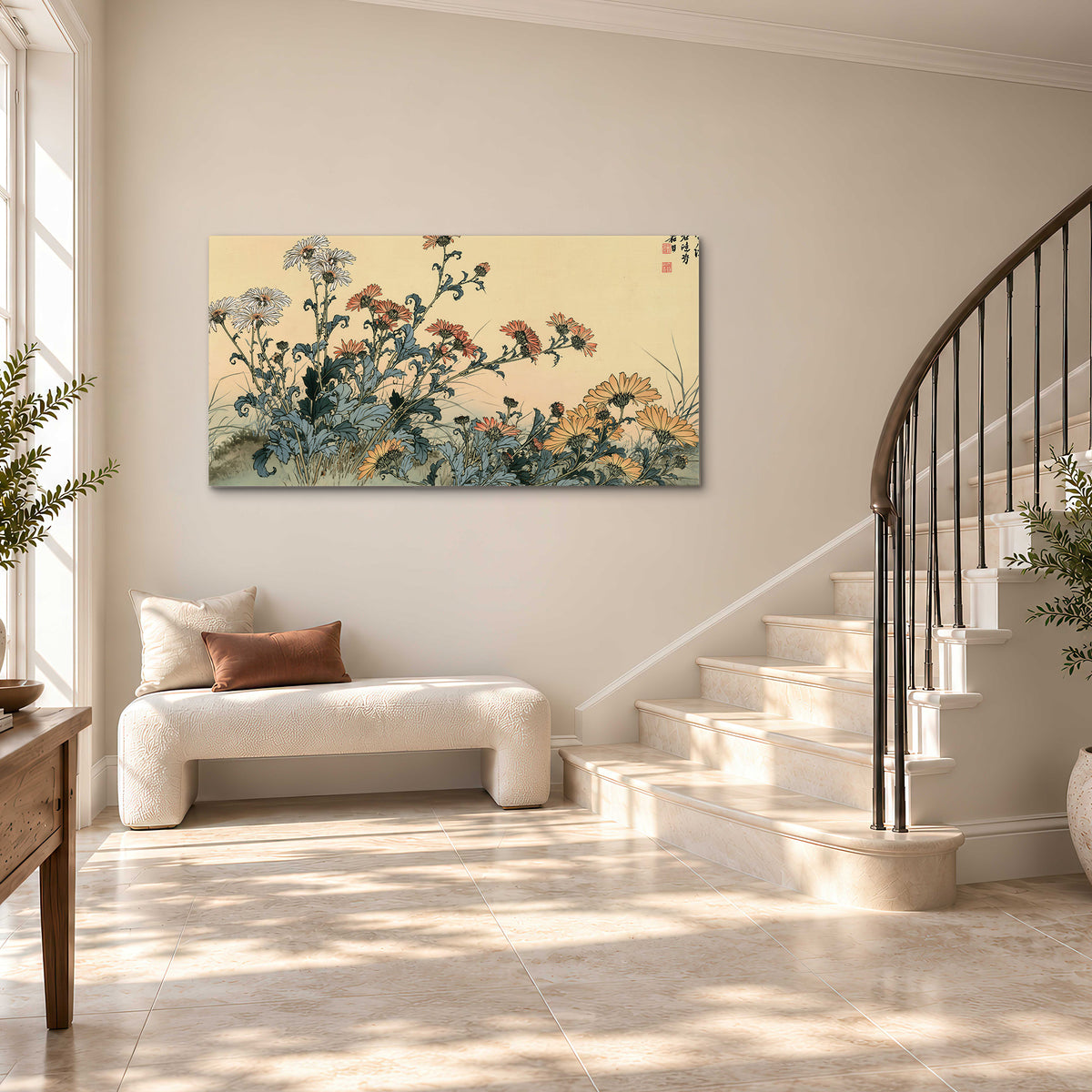 Flowering plants and a butterfly arranged on a warm cream ground with decorative script single canvas wall art styled in an interior