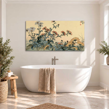 Flowering plants and a butterfly arranged on a warm cream ground with decorative script single canvas wall art styled in an interior