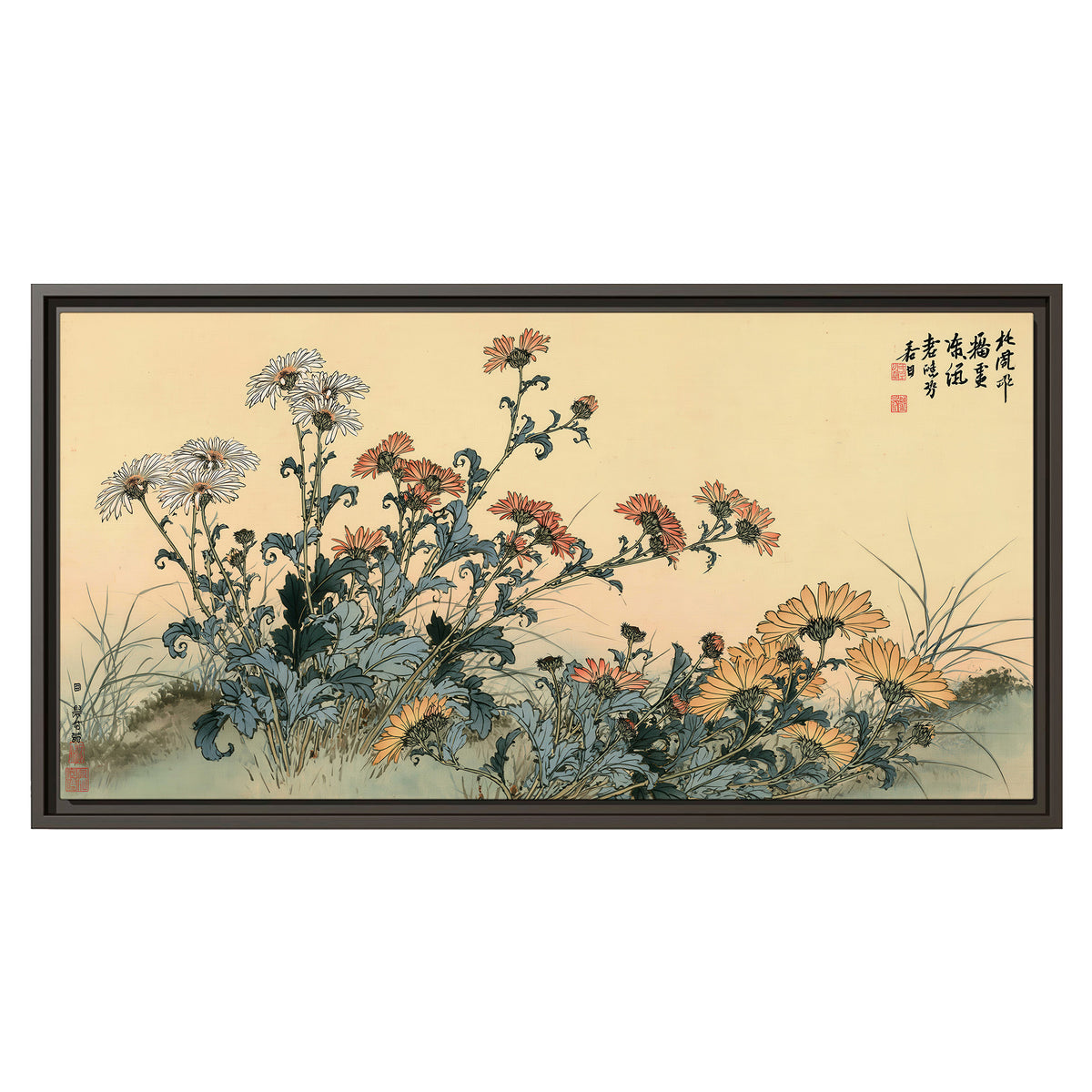 Flowering plants and a butterfly arranged on a warm cream ground with decorative script single framed canvas wall art viewed straight on