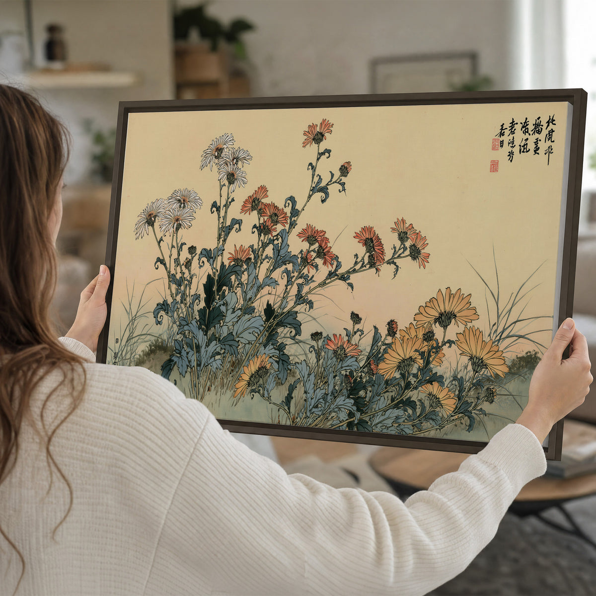 Flowering plants and a butterfly arranged on a warm cream ground with decorative script single framed canvas wall art held in hands