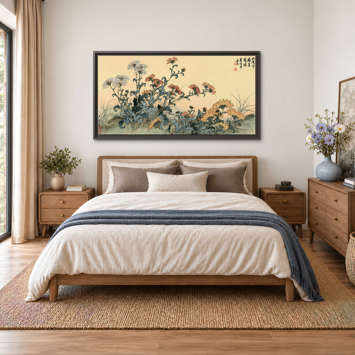 Flowering plants and a butterfly arranged on a warm cream ground with decorative script single framed canvas wall art styled in an interior