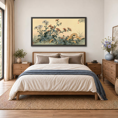 Flowering plants and a butterfly arranged on a warm cream ground with decorative script single framed canvas wall art styled in an interior