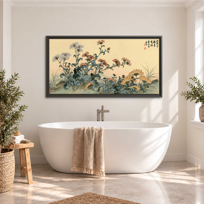 Flowering plants and a butterfly arranged on a warm cream ground with decorative script single framed canvas wall art styled in an interior