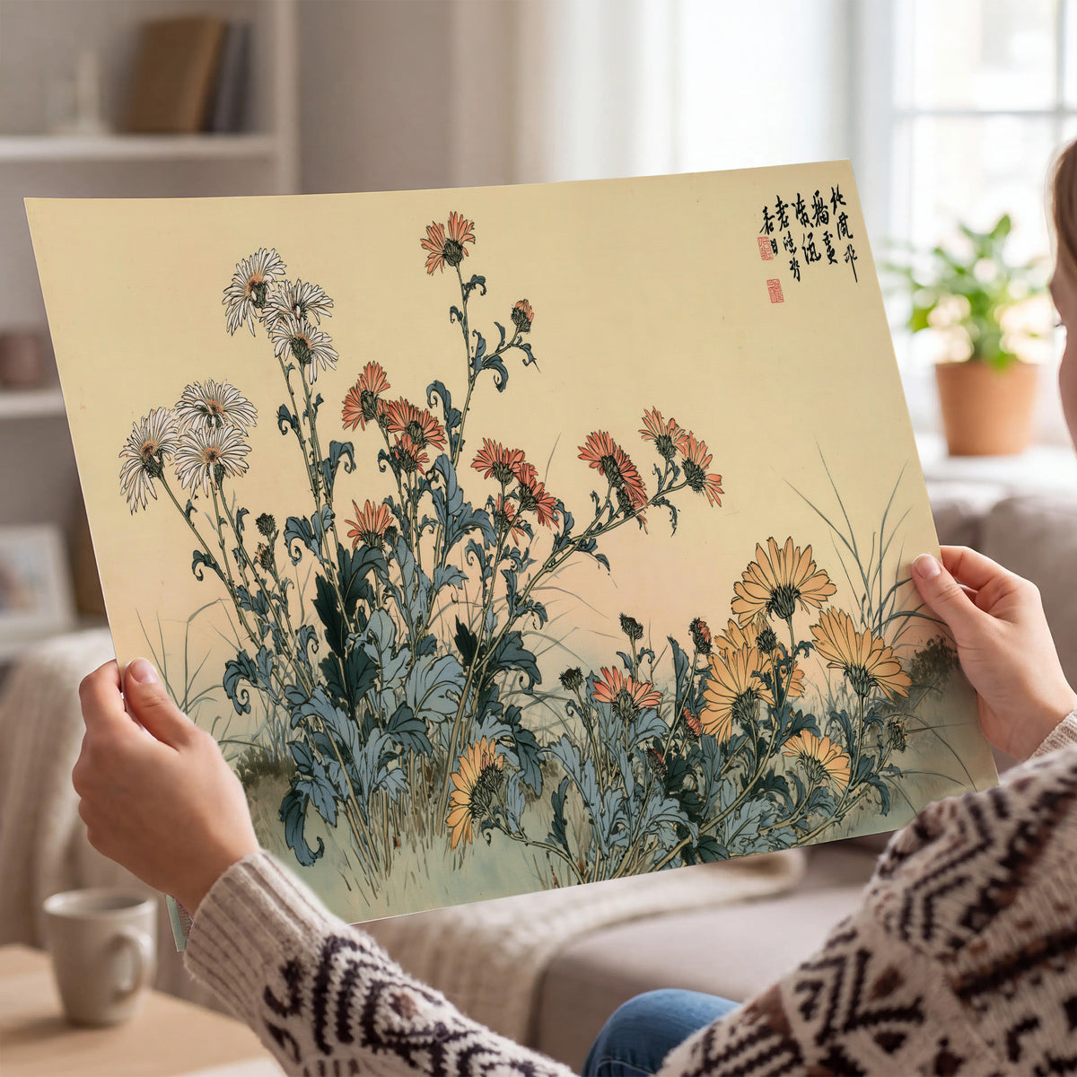 Flowering plants and a butterfly arranged on a warm cream ground with decorative script single poster print held in hands