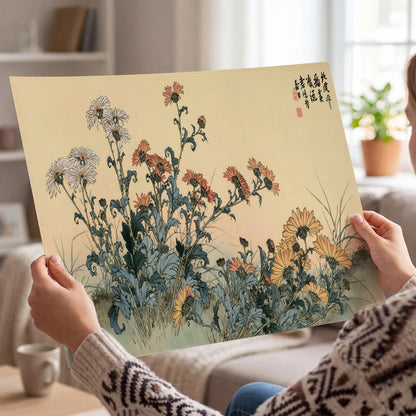 Flowering plants and a butterfly arranged on a warm cream ground with decorative script single poster print held in hands