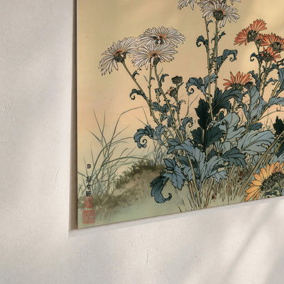 Flowering plants and a butterfly arranged on a warm cream ground with decorative script set of 3 poster prints material and edge close up