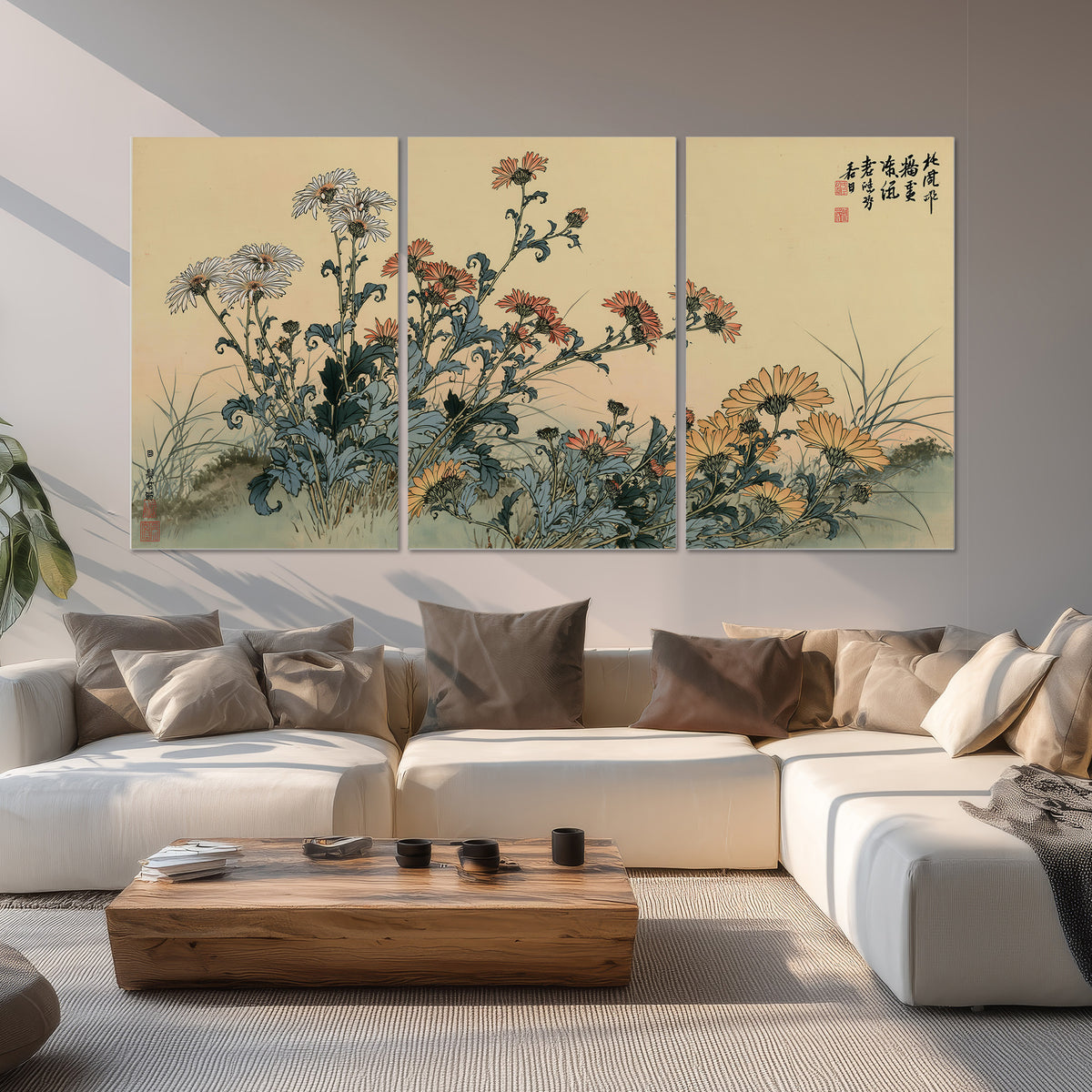 Flowering plants and a butterfly arranged on a warm cream ground with decorative script set of 3 poster prints displayed in a living room