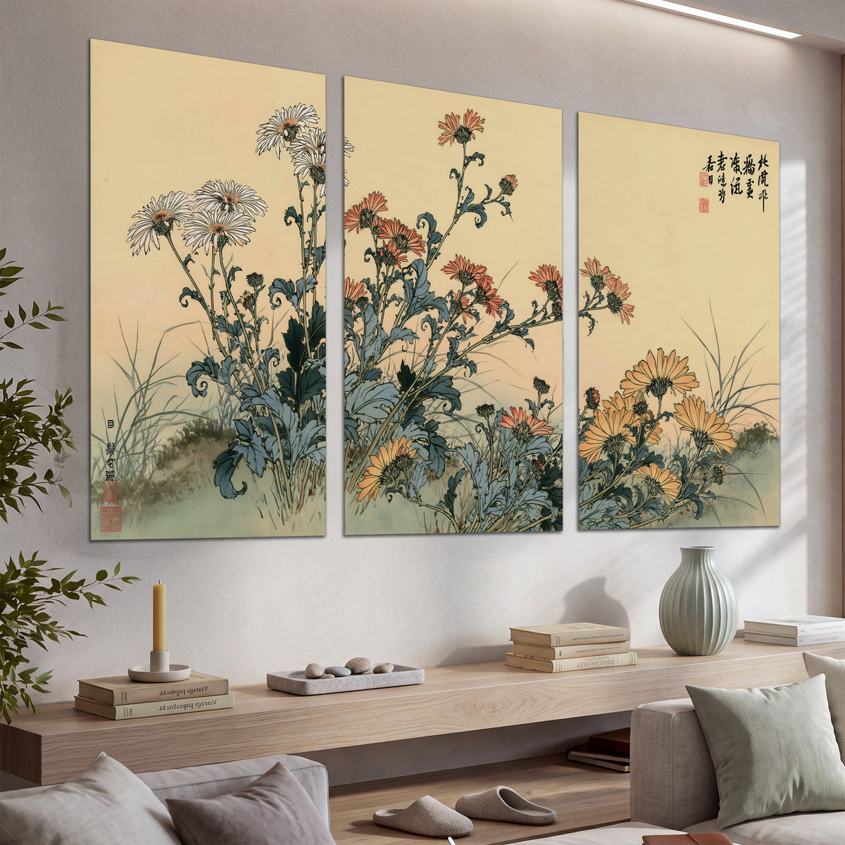 Flowering plants and a butterfly arranged on a warm cream ground with decorative script set of 3 poster prints displayed in a console
