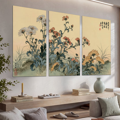 Flowering plants and a butterfly arranged on a warm cream ground with decorative script set of 3 poster prints displayed in a console
