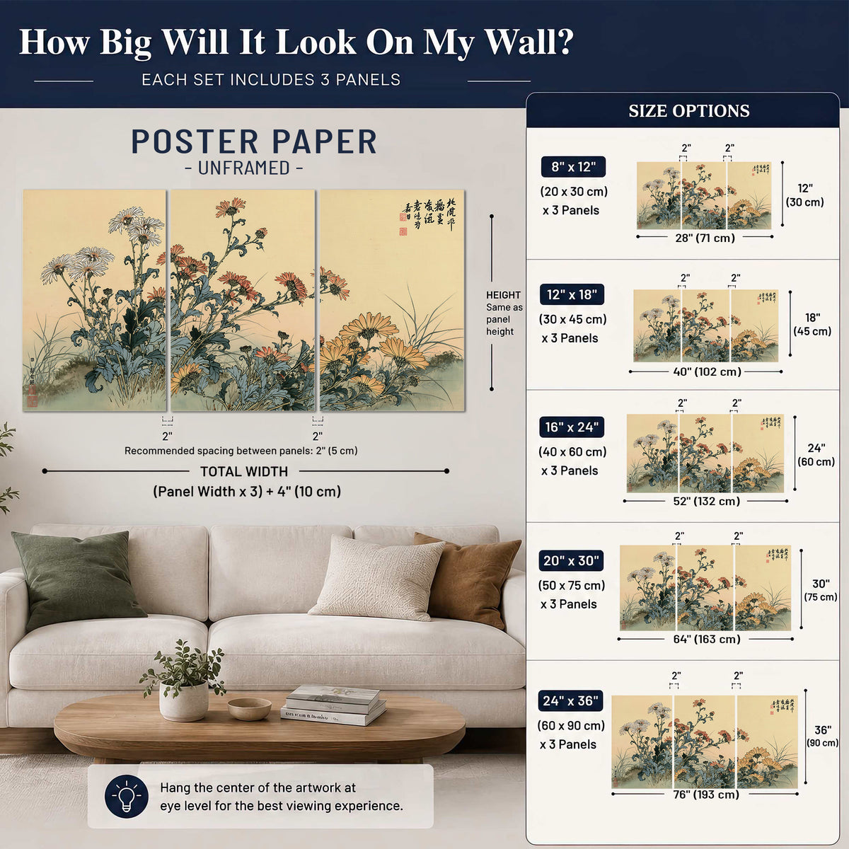 Flowering plants and a butterfly arranged on a warm cream ground with decorative script set of 3 poster prints size guide above a sofa; room view is illustrative
