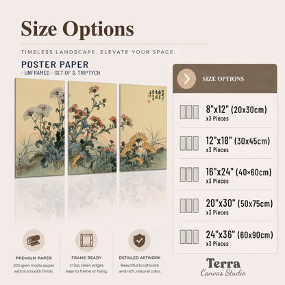 Flowering plants and a butterfly arranged on a warm cream ground with decorative script set of 3 poster prints available dimensions; triptych dimensions are per panel