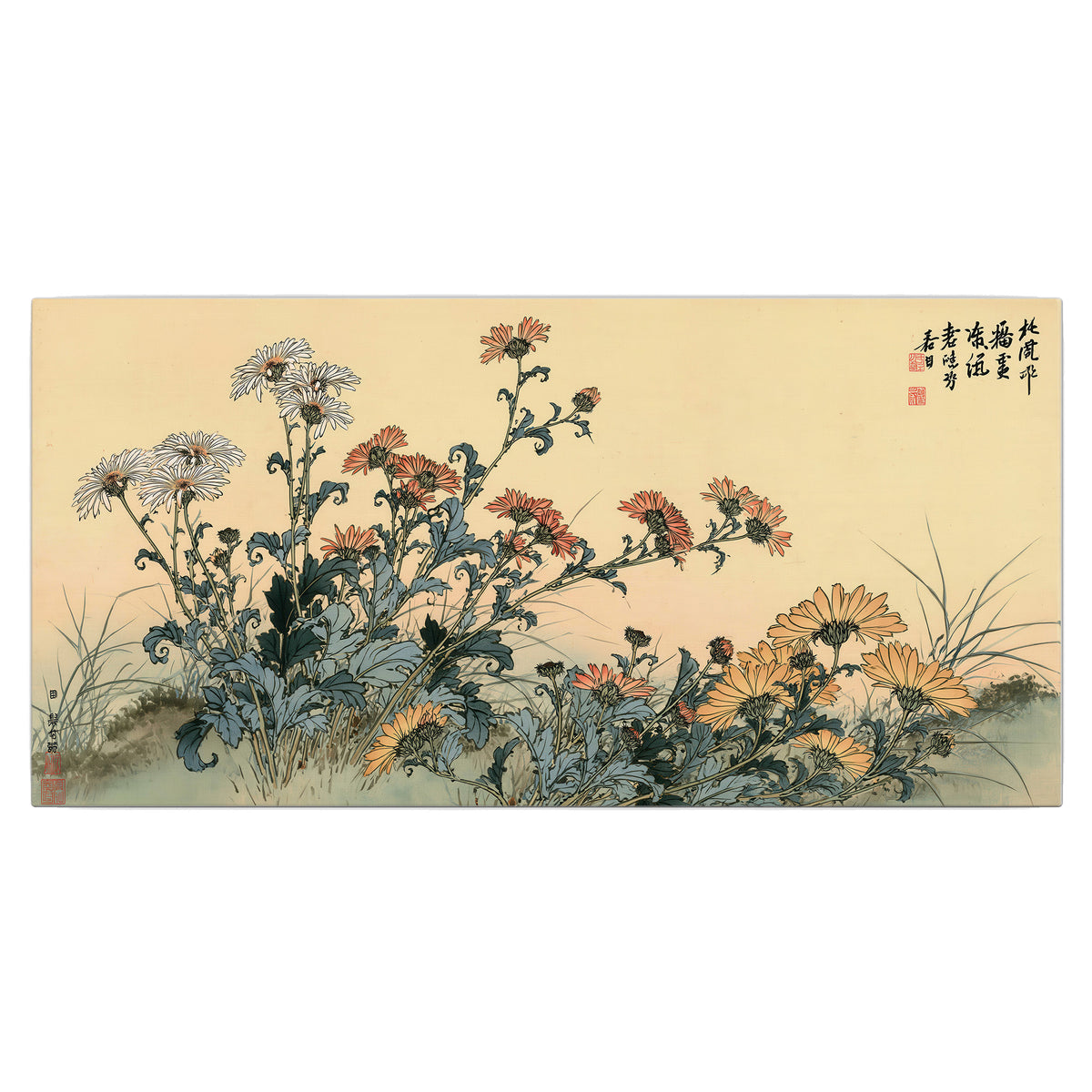 Flowering plants and a butterfly arranged on a warm cream ground with decorative script single canvas wall art viewed straight on