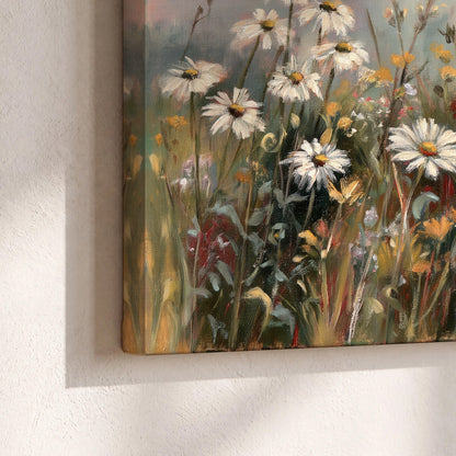 White daisies, rust blooms and long grasses in a softly shadowed meadow 3 piece canvas wall art material and edge close up