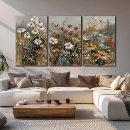 White daisies, rust blooms and long grasses in a softly shadowed meadow 3 piece canvas wall art displayed in a living room