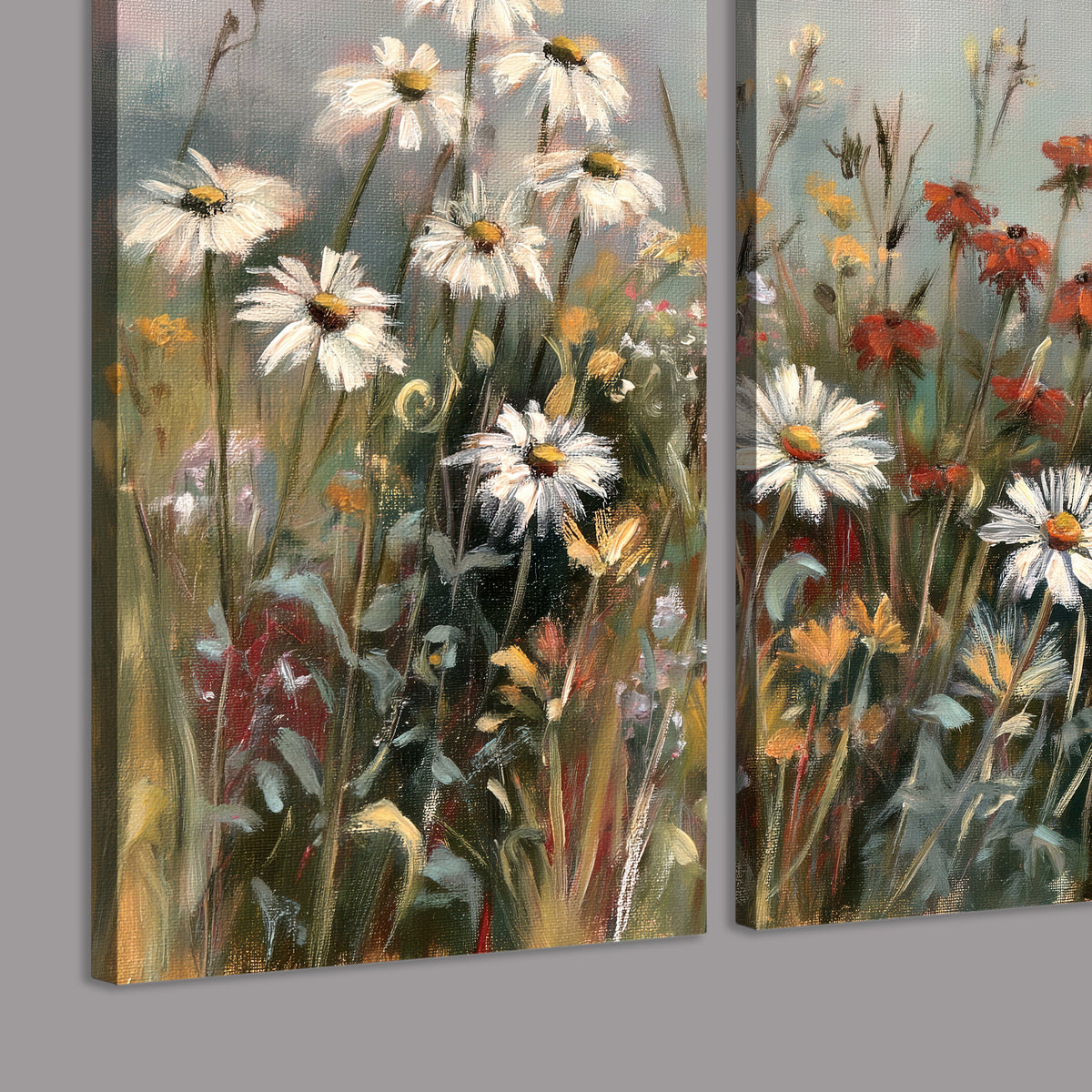 White daisies, rust blooms and long grasses in a softly shadowed meadow 3 piece canvas wall art room and product view