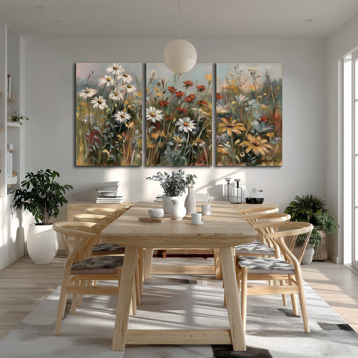 White daisies, rust blooms and long grasses in a softly shadowed meadow 3 piece canvas wall art room and product view