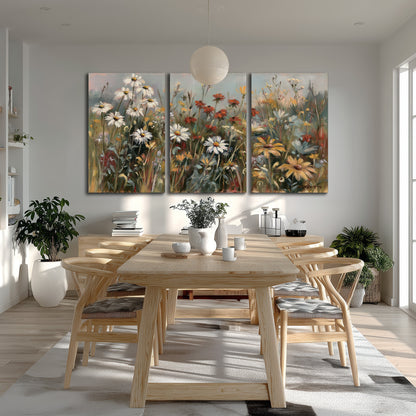 White daisies, rust blooms and long grasses in a softly shadowed meadow 3 piece canvas wall art room and product view