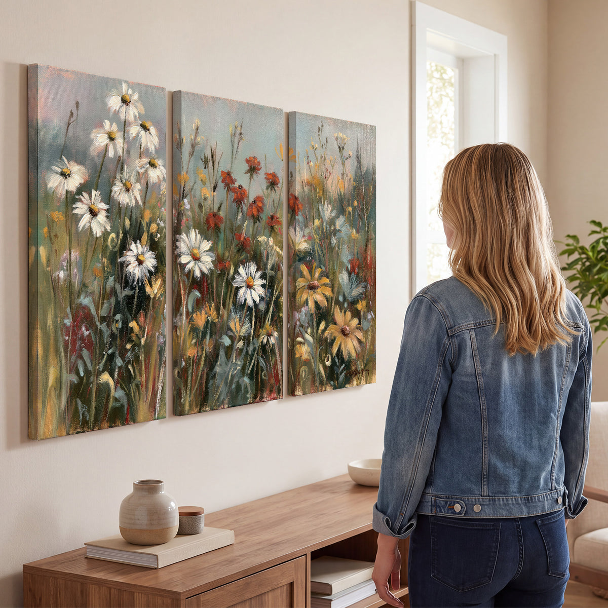White daisies, rust blooms and long grasses in a softly shadowed meadow 3 piece canvas wall art three panel arrangement on a wall