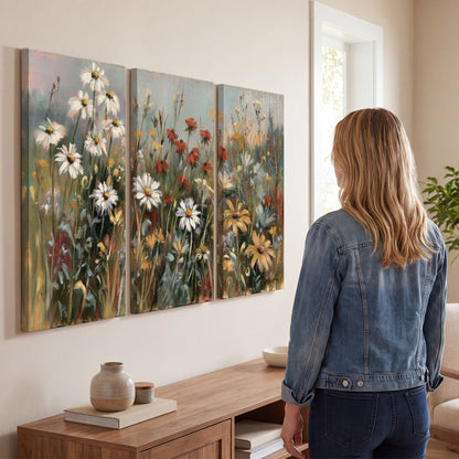 White daisies, rust blooms and long grasses in a softly shadowed meadow 3 piece canvas wall art three panel arrangement on a wall