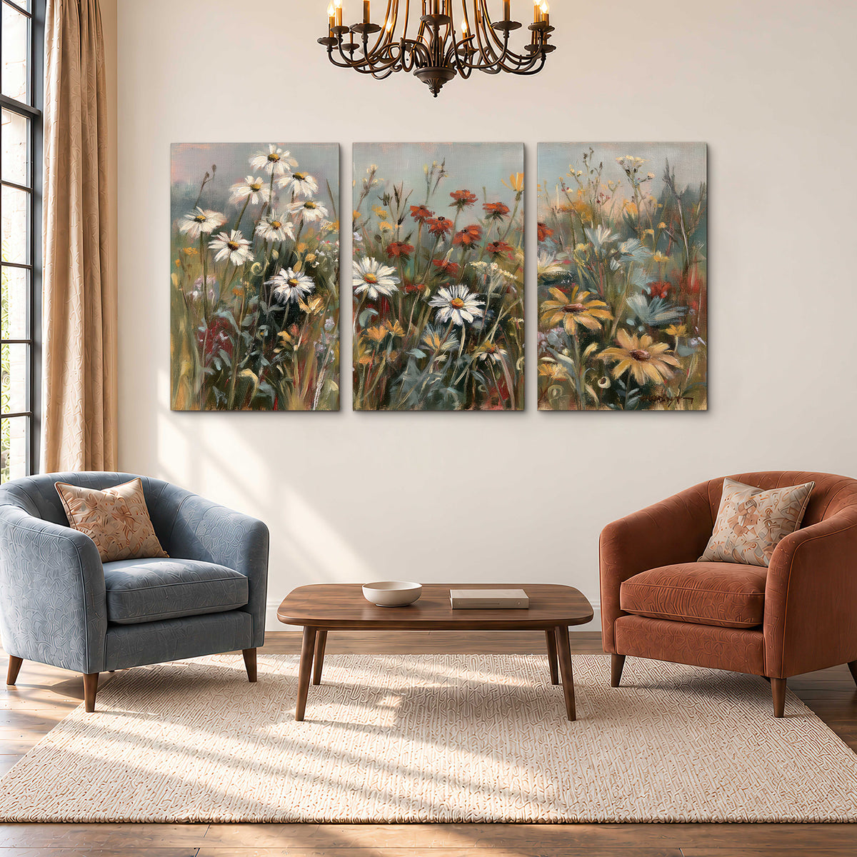 White daisies, rust blooms and long grasses in a softly shadowed meadow 3 piece canvas wall art styled in an interior